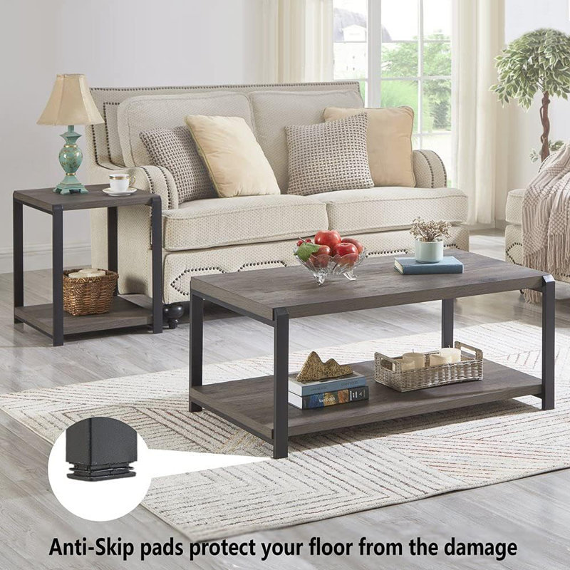Rustic Grey Wood and Black Metal Coffee Table with Storage Shelves