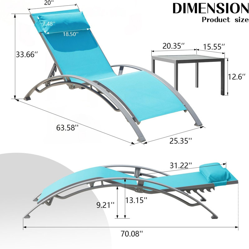 Durable Aluminum Pool Lounge Chairs Set Of 3 With Table, Adjustable And Ergonomic Design For Outdoor Comfort, Lake Blue