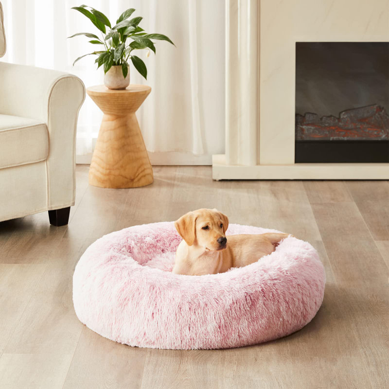 Light Pink Faux Fur Round Calming Pet Bed, 20 x 20 x 8 Inch