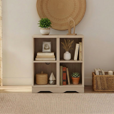 2 Pack Of Small End Table For Living Room,23.6" Wood Sofa Side Table With 4 Open Storage Space&Adjustable Shelf For Bedroon, Hallyway,Pale Oak