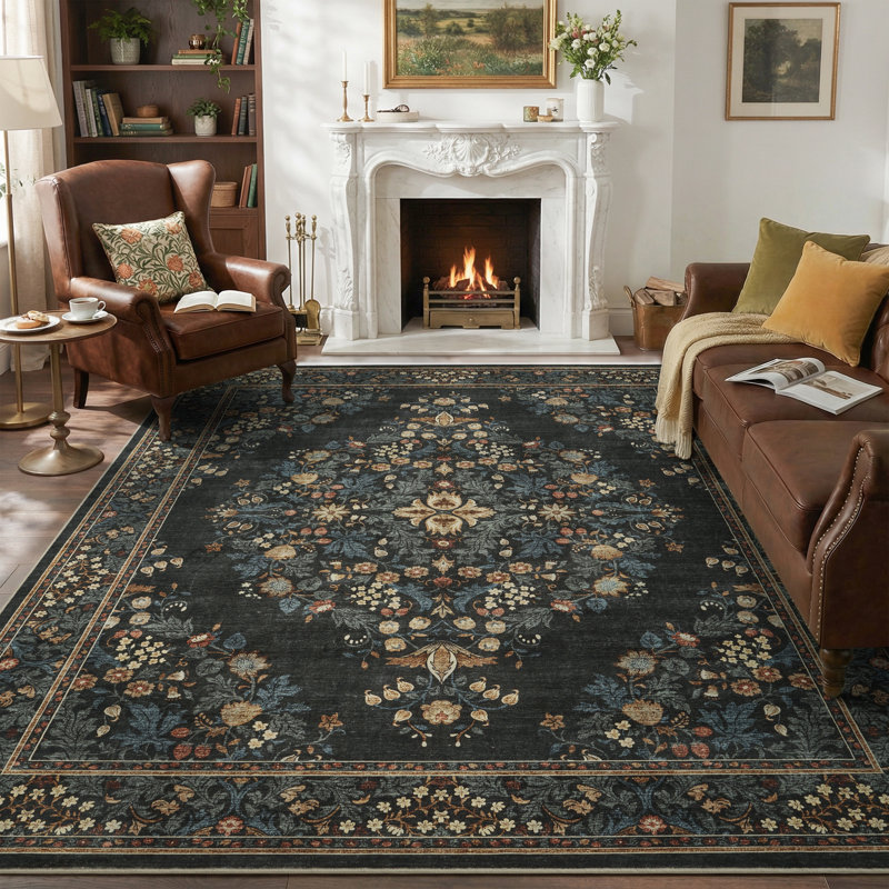 Soft Washable Vintage Floral Area Rug With Non-Slip Backing In Dark Green, Teal, Black, Green, Rectangle 8' x 10'