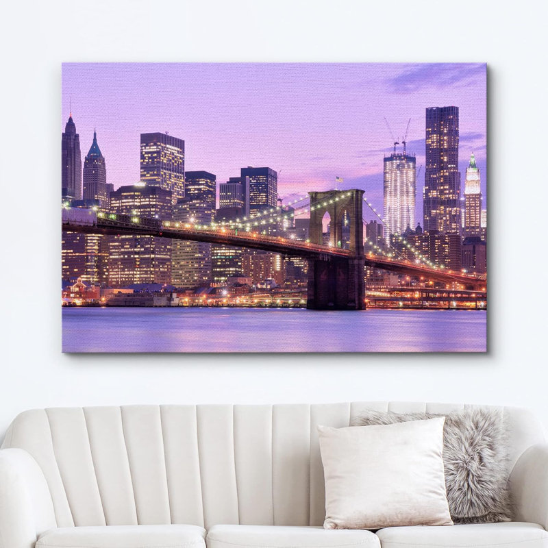 New York City coucher de soleil rose pont architecture paysage urbain rustique moderne, H 24 po x l 36 po