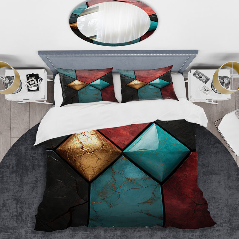 Carreaux de chevron bleu et rouge Elegance II - Ensemble de housse de couette à carreaux abstraits