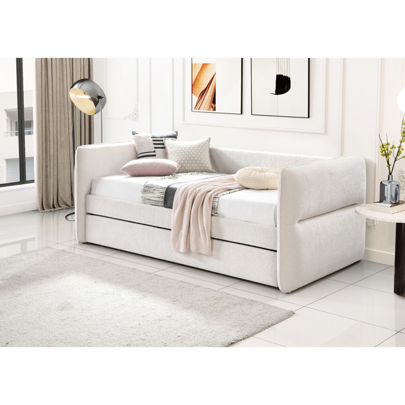 Lit de jour chic avec lit gigogne escamotable, motif à boutons, finition avoine, bois massif pour fonctionnalité moderne, ton, surface