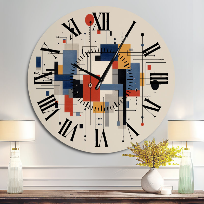 Horloge murale moderne en métal, style géométrique jaune et bleu, à pulsation optique II -, Surdimensionné