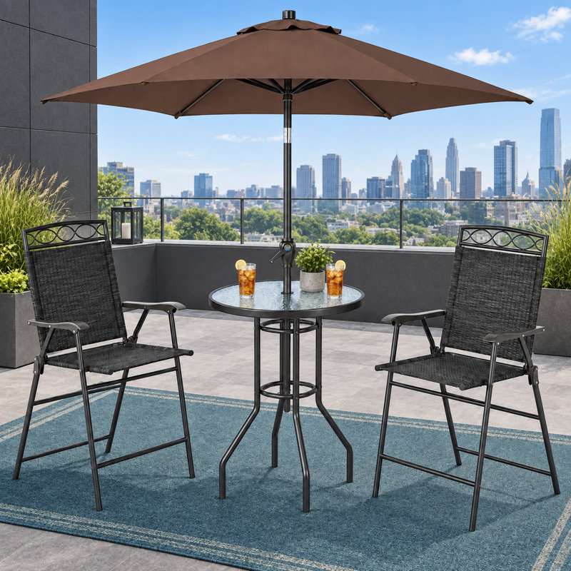 Ensemble de salle à manger d'extérieur 4 pièces avec structure en acier contemporaine, assises en toile et parasol inclinable, pour patios et terrasses.