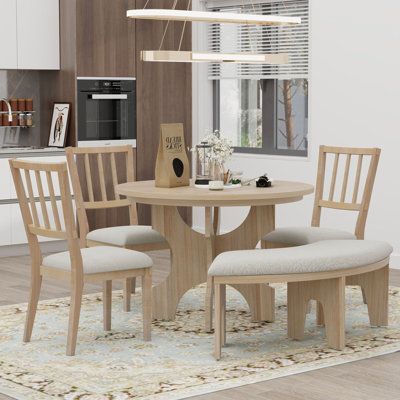 5-Piece Dining Table Set, 44"" Round Dining Table With Curved Bench & Side Chairs For 4-5 People For Dining Room And Kitchen -  STYLISH, OKKK612-ST000098AAD