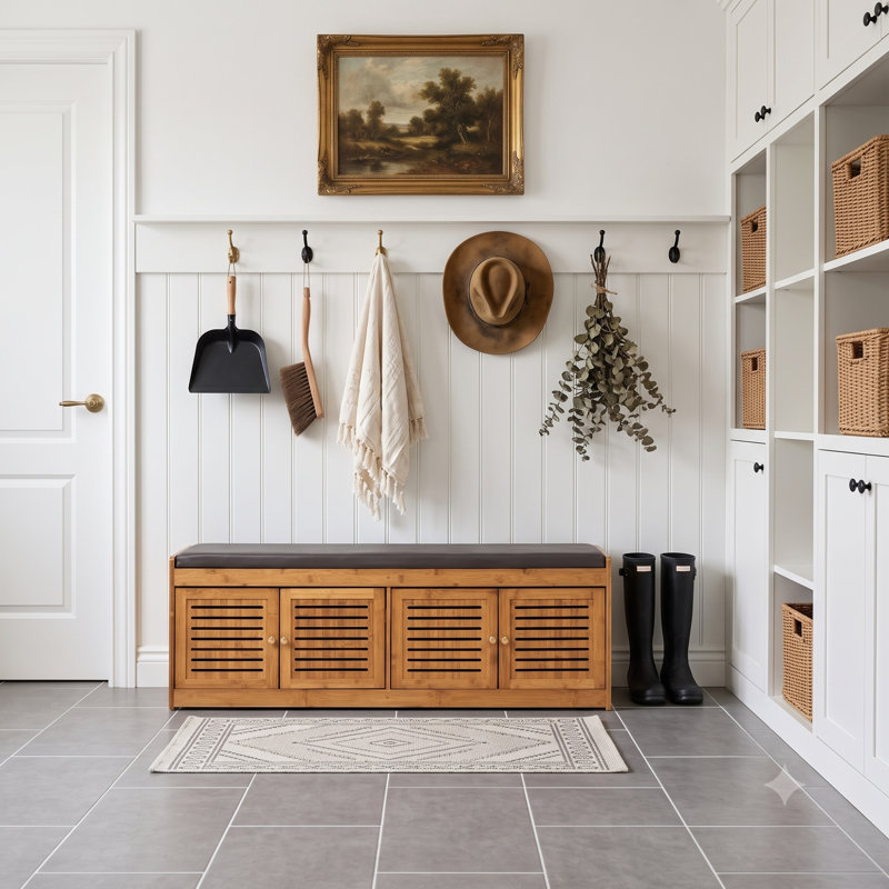 Inch Shoe Storage Bench, Bamboo Cabinet with Doors, Rustic Entryway Seat
