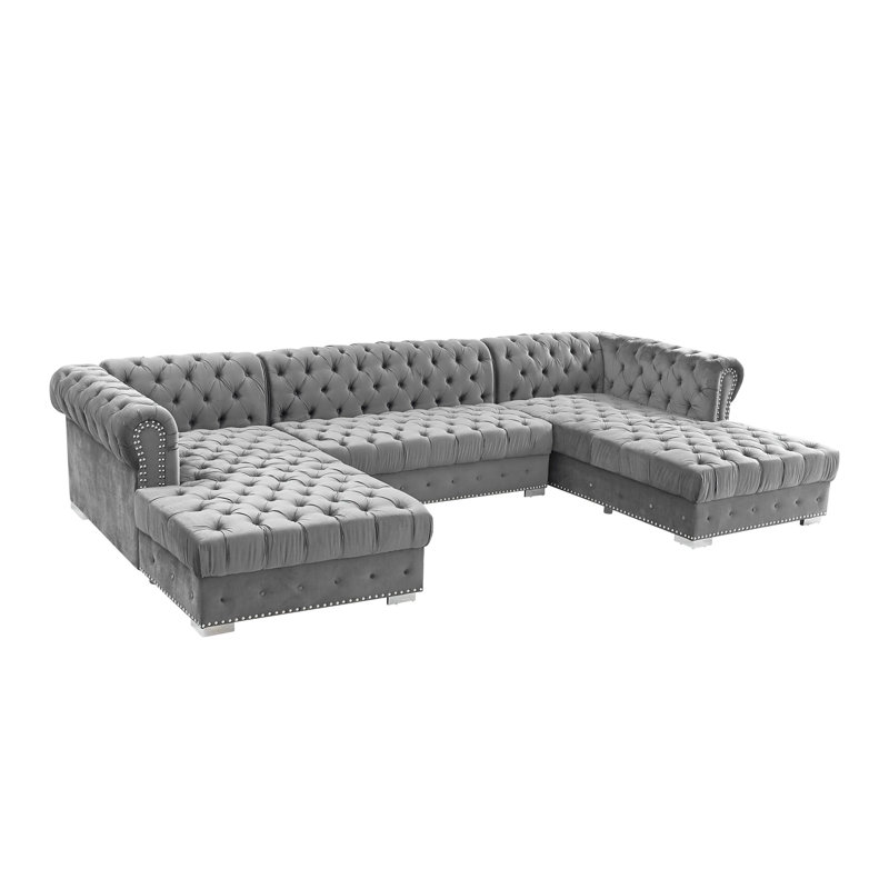 Canapé modulaire d'angle large de 107 po avec 10 coussins Ganya, Velours gris