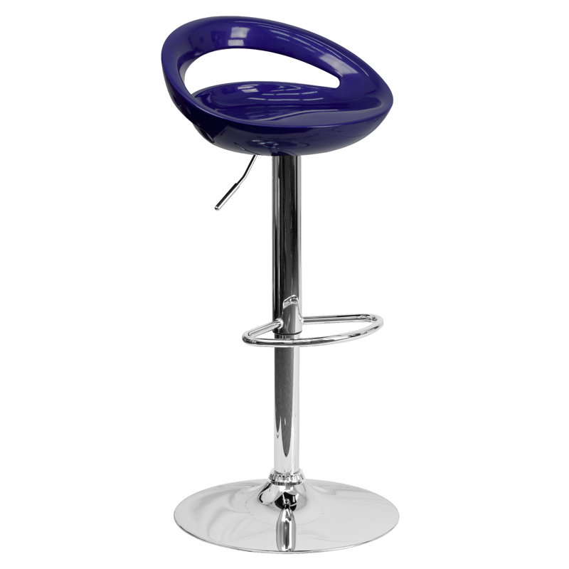 Contemporary Plastic Adjustable Height Barstool with Rounded Cutout Back and Chrome Base, Blue