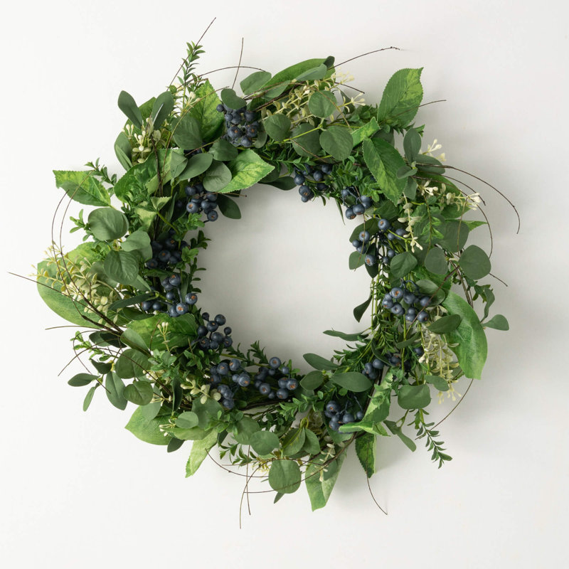 Artificial Green Leaf & Blueberry Lighted Plastic Wreath, 23.5" H x 23.5" W x 6.25" D
