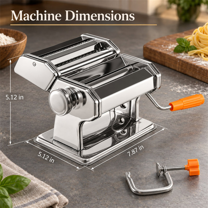 Manual Stainless Steel Pasta Roller Machine, 9 Thickness Levels & 2 Cutting Widths Hand Crank Noodle Maker for Spaghetti, Fettuccine, Lasagne & Ravioli