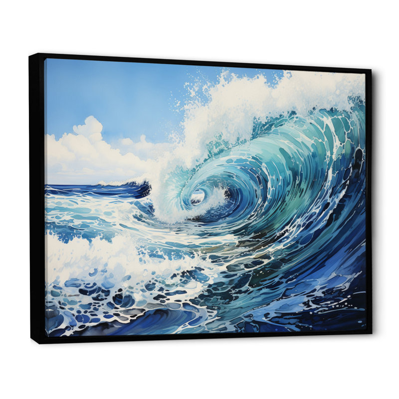 «Beach Surfs Up Pointillism II», reproduction d'art sur toile, H 12 po x l 20 po x P 1 po, Cadre flottant noir