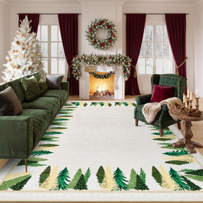 Tapis de Noël lavable à la machine, ultra-doux et décoratif, avec envers antidérapant, motif sapin de Noël et flocons de neige, pliable et mince, pour l'intérieur.