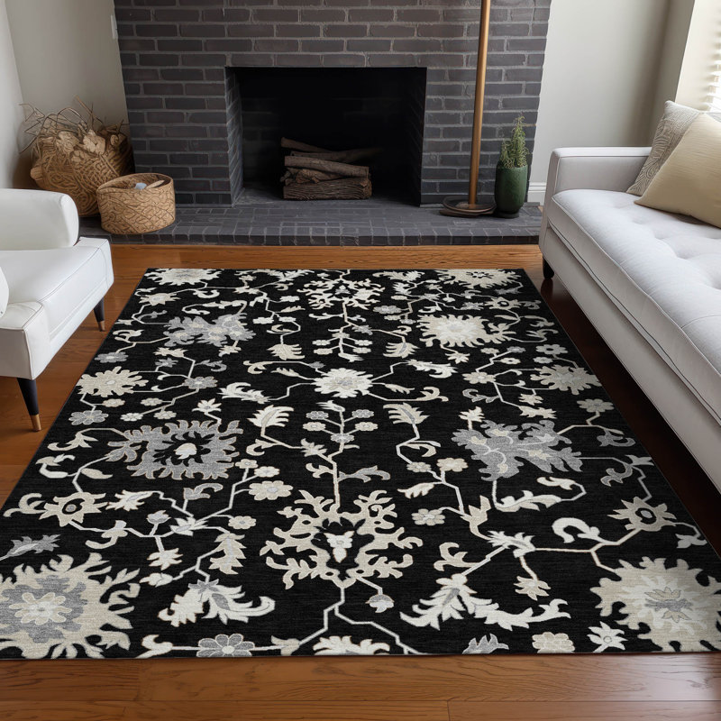 Tapis noir intérieur / extérieur lavable à la machine Xhevrie, Rectangulaire 3 pi x 5 pi