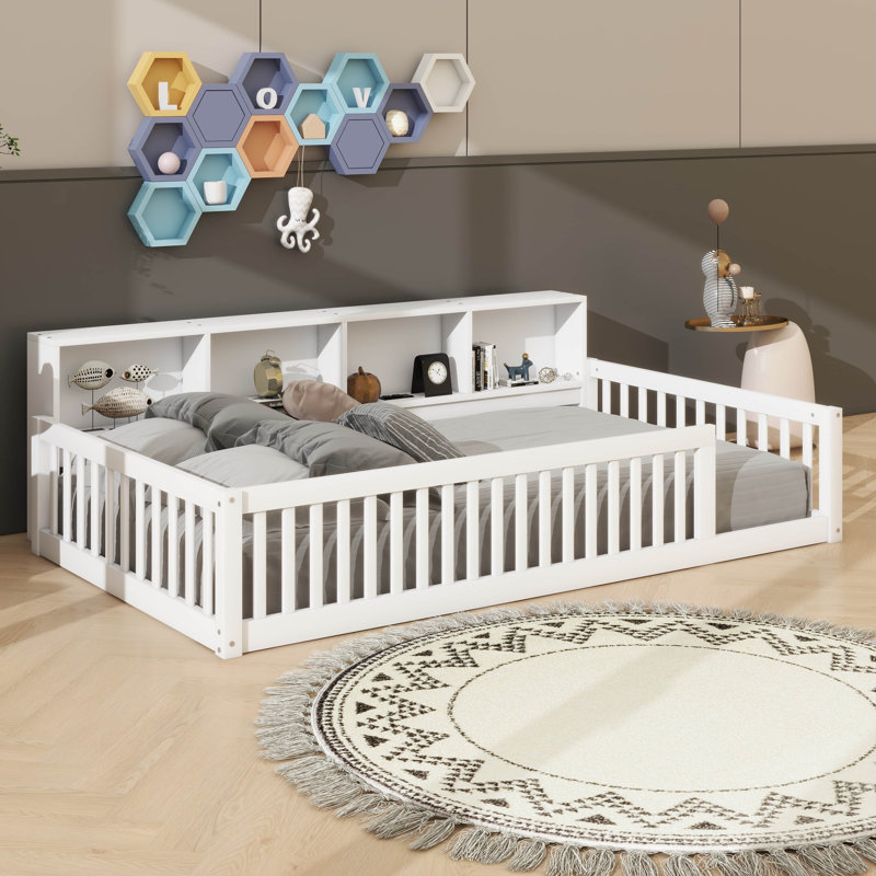 Lit en bois avec armoires de rangement et ports USB pratiques, Blanc