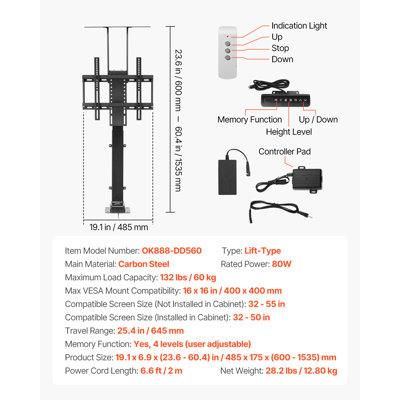 Motorized TV Lift Stand, 132 lbs max Load Adjustable TV Lift Stand Mount Bracket, Designed for 32-55 in (Not in Cabinet) / 32 - 50 in (in Cabinet) TVs, Vertical Electric TV Bracket with Remote Control