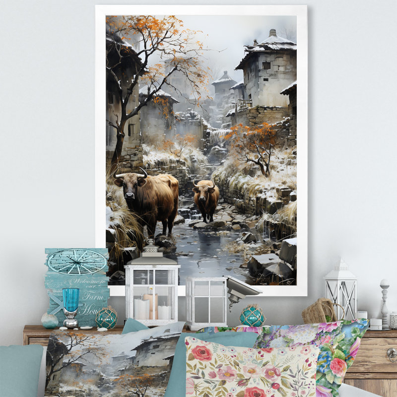 Yaks Urban visiteur I sur toile, H 44 po x l 34 po x P 1,5 po, Cadre simple blanc