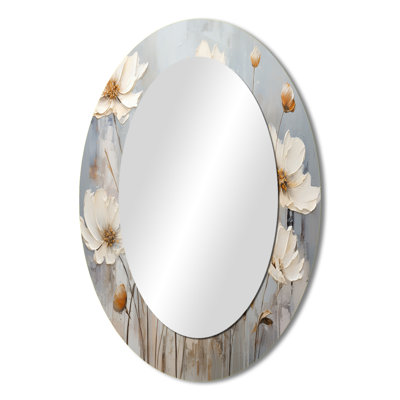 White Buttercups On Beige Simplicity - Traditional Oval Wall Mirror