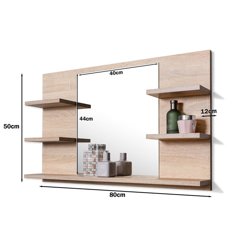 Jakiah Rectangle Wall Mirror with Shelves, Brown