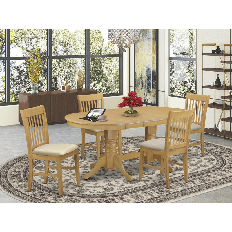 5 Piece Dining Set Includes an Oval Dining Room Table with Butterfly Leaf and 4 Linen Fabric Kitchen Chairs, Oak