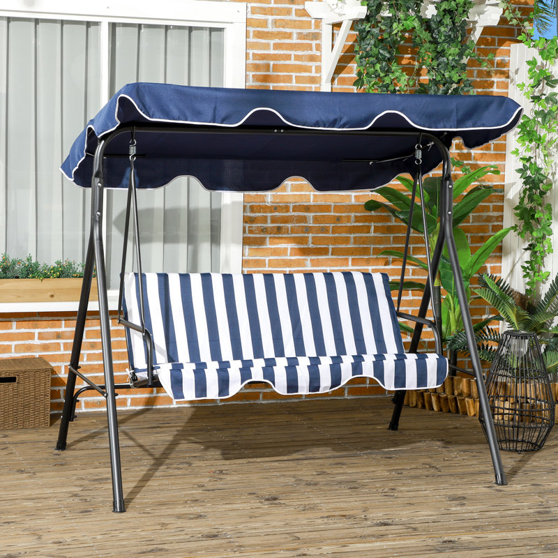 Balancelle d'extérieur bleu foncé 3. Coussin amovible. Cadre en acier. Auvent réglable pour le bord de la piscine. Support de dos confortable. Capacité de 440 lb. 69,1 po x 44,41 po, 59,75 po. Assemblage requis