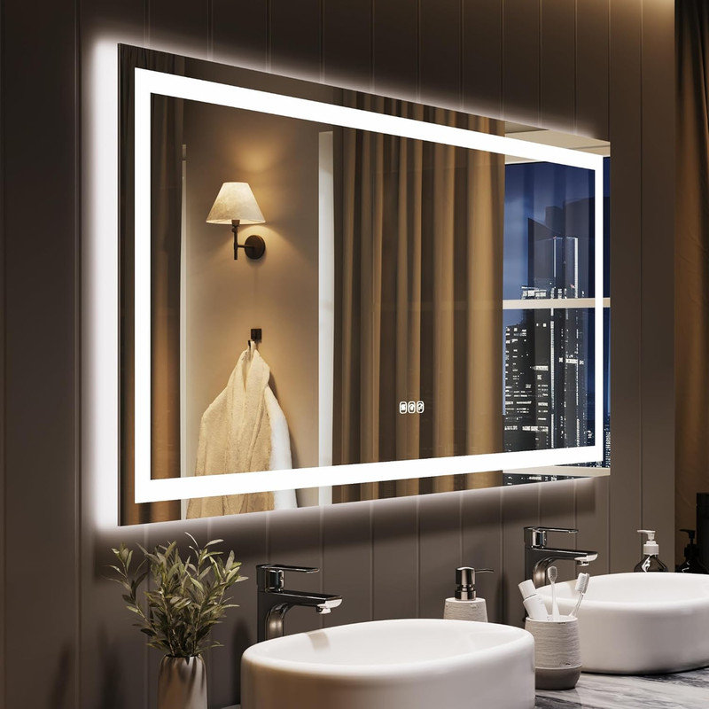 Miroir de salle de bain à DEL avec lumières, miroir de salle de bain intelligent antibuée à intensité variable, 26 po x 55 po