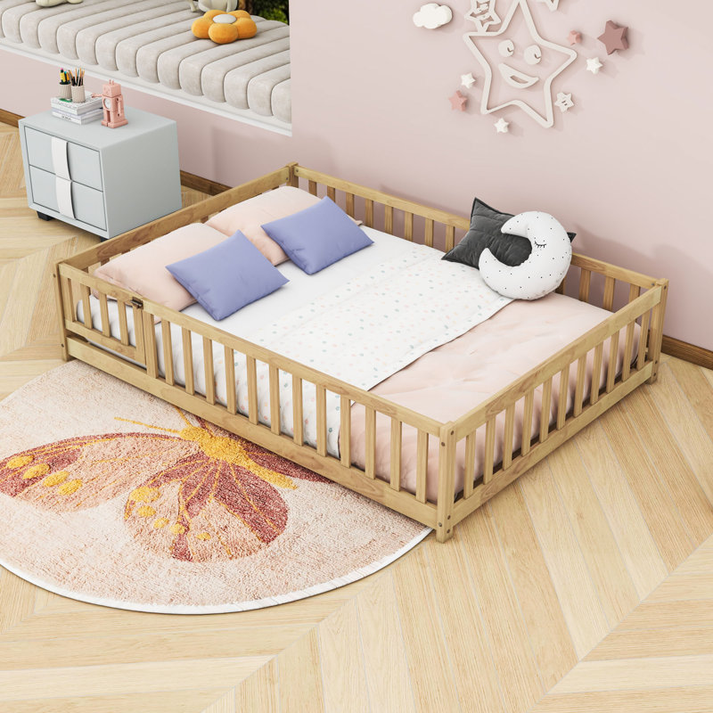 Lit en bois avec clôture, Double, Naturel