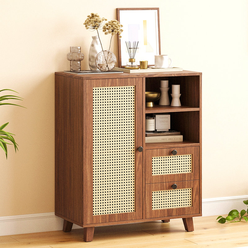 Rattan Buffet Cabinet With Adjustable Shelf, Sideboard With Drawers, Walnut