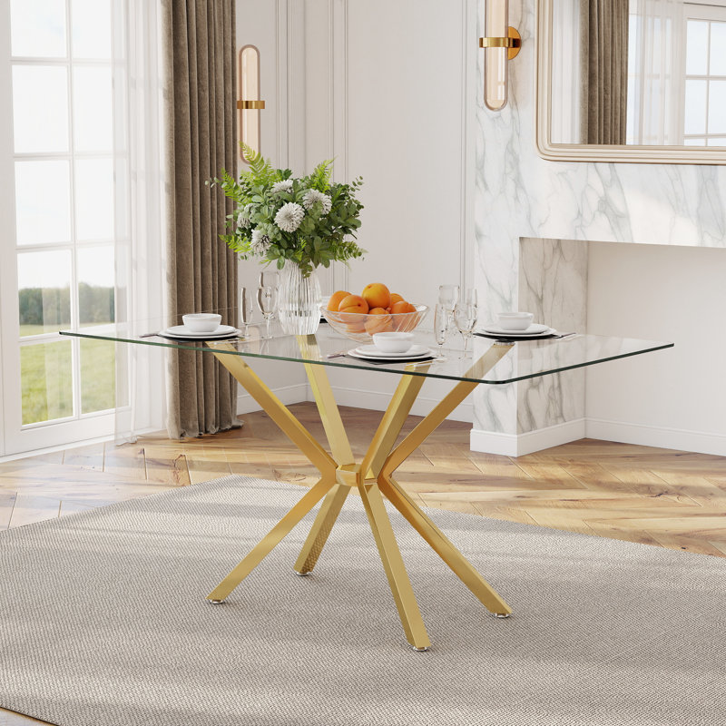 Table de salle à manger rectangulaire 47,24 "en verre trempé transparent, table de cuisine moderne à pieds en métal pour salle à manger