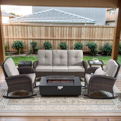 Esquer 5-Piece Outdoor Wicker Conversation Set With Rocking Chairs And Separate Fire Pit Table