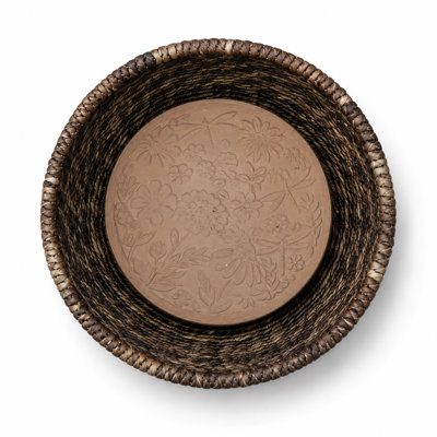 Eangee Handwoven Abaca Bread Warmer Basket with Terracotta Warming Stone, Dragonflies and Blooms, Round, Brown