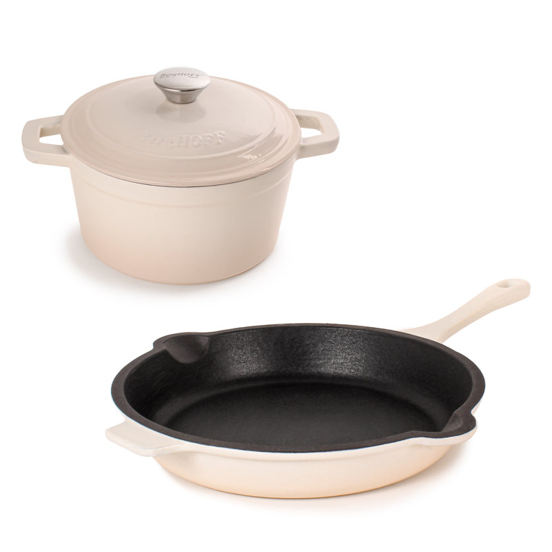 Batterie de cuisine en fonte 3 pièces BergHOFF Neo, poêle à frire et cocotte ronde, Crème
