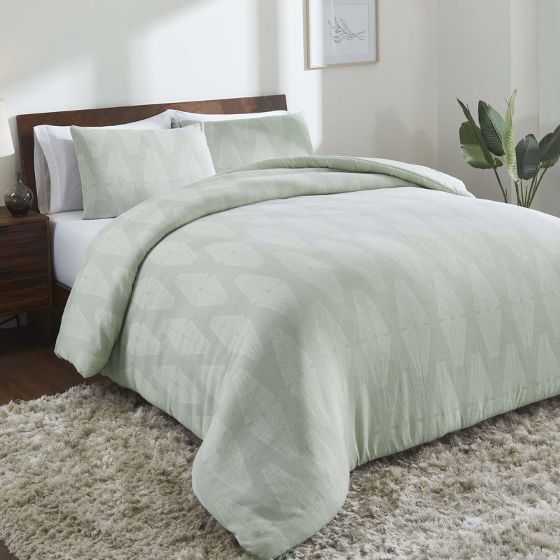 Manali 100% Cotton All Season Bedding Geometric Diamond Lattice Woven Comforter Set, Queen Comforter + 2 Standard Shams, Sage