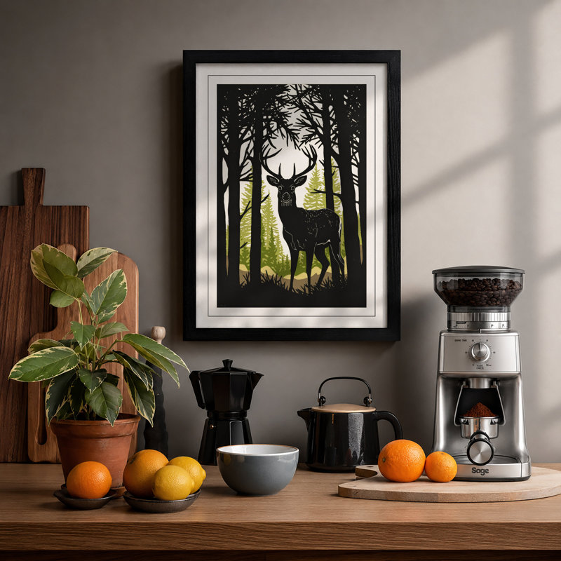 Deer in Woodland Frame Japandi - Framed Print, Black, A3 - 42.0 x 29.7 cm