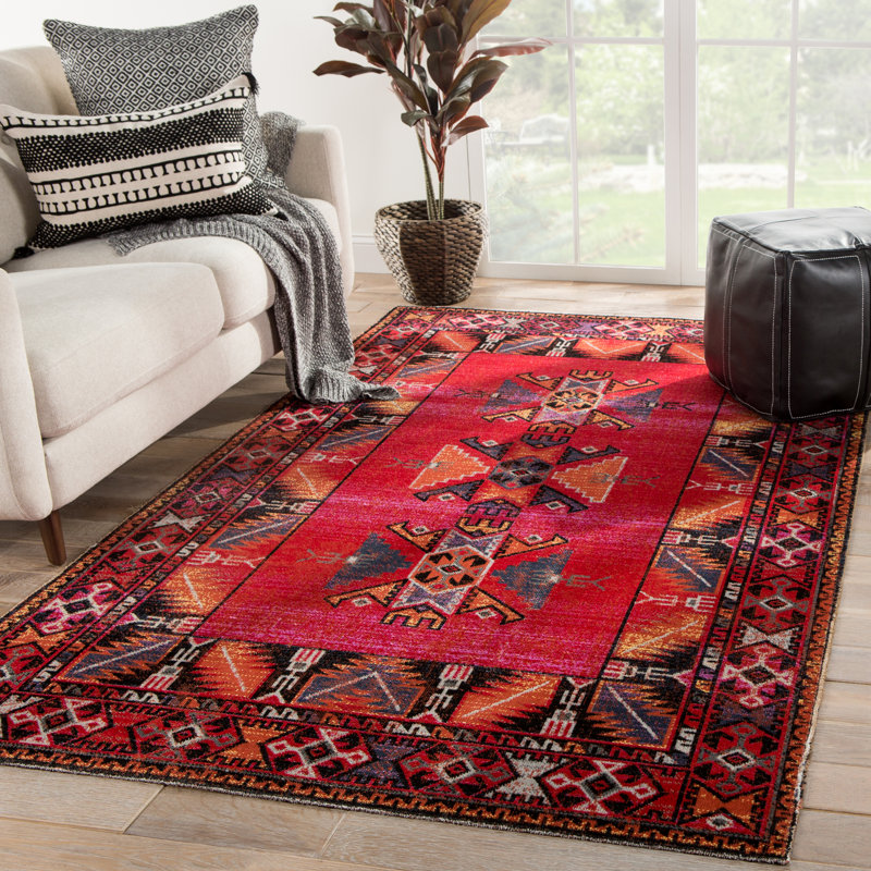 Tapis d'intérieur / extérieur rouge / rose / jaune / noir Halstead Global Inspired, Rectangle 7 pi 6 po x 9 pi 6 po