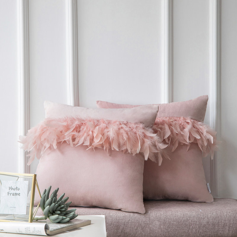 Feather Pillow Cover Pillow Cover, 18"H x 18"W, Light Pink