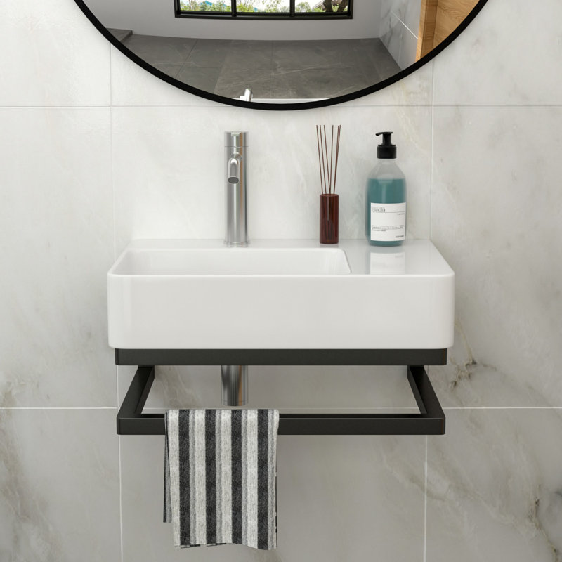 Lavabo de salle de bain mural en céramique 23,84 po x 16,5 po avec trou de robinet et barre à serviettes noire, profondeur de lavabo rectangulaire blanche à faible entretien