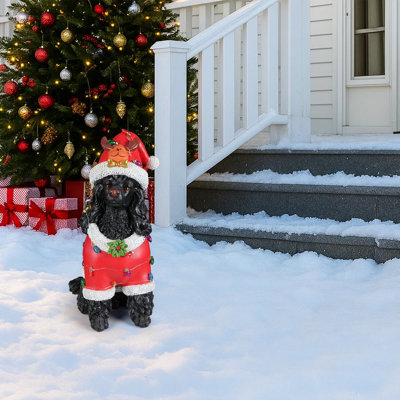 Christmas Black Poodle Dog Statue Holiday Resin Sculpture with Removable LED Light String, Festive Outdoor and Indoor Decoration, Santa Outfit Collectible Figurine, Gift for Dog Lovers