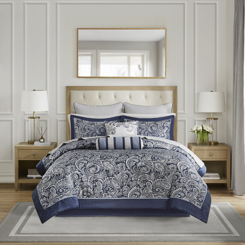King Navy Blue Cotton Paisley Bed in a Bag Set