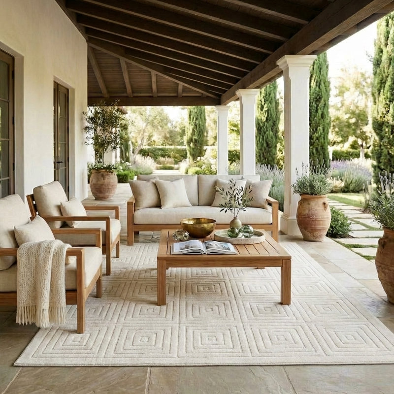 Michella Performance Transitional Modern Geometric Greek Key Ivory Indoor/Outdoor Rug, Rectangle 7'10" x 9'10"