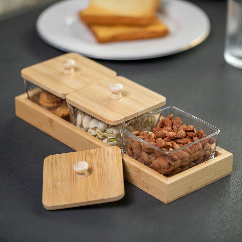 Set Of 3 Square Glass Jars With Bamboo Lids And Wooden Tray - Rectangular Charcuterie, Snack Organizer And Fruit Platter For Party, Candy Jars, Cookies, Nuts, Fruits And Snack Box