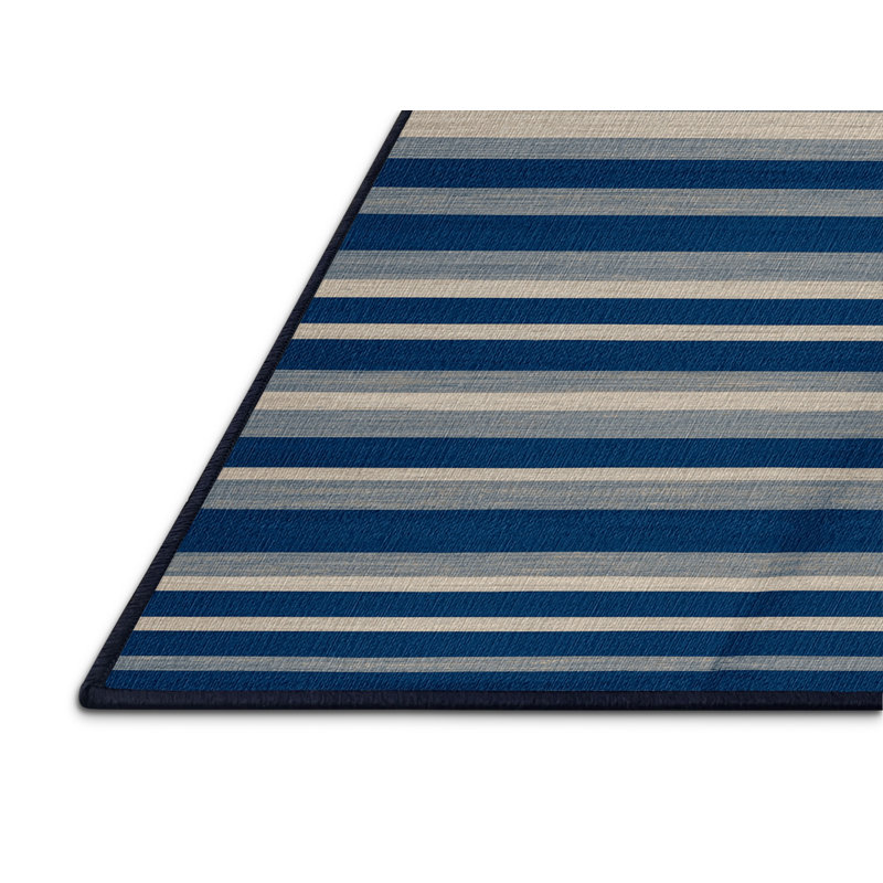 Washable Cobalt Light Gray Striped Area Rug, Rectangle 4' x 6'