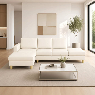 Canapé d'angle en L 2 pièces en similicuir beige de 258 cm (101,5 po) avec méridienne à gauche et pouf