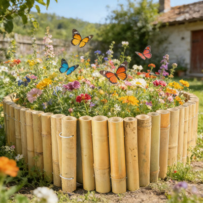 Bordure de bordure de jardin en bambou, bricolage coupé à la taille avec des ciseaux, bordure incurvée naturelle pour allée de patio de pelouse, décoration extérieure rustique