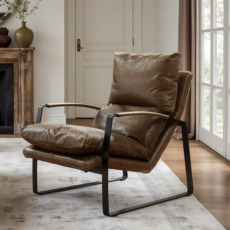 Zawacki 25.5" W Genuine Leather Lounge Armchair, Black, Brown