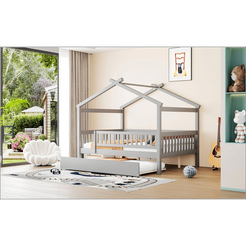 Lit double en bois avec lit gigogne simple, conception peu encombrante pour plus de sommeil et de rangement, Gris