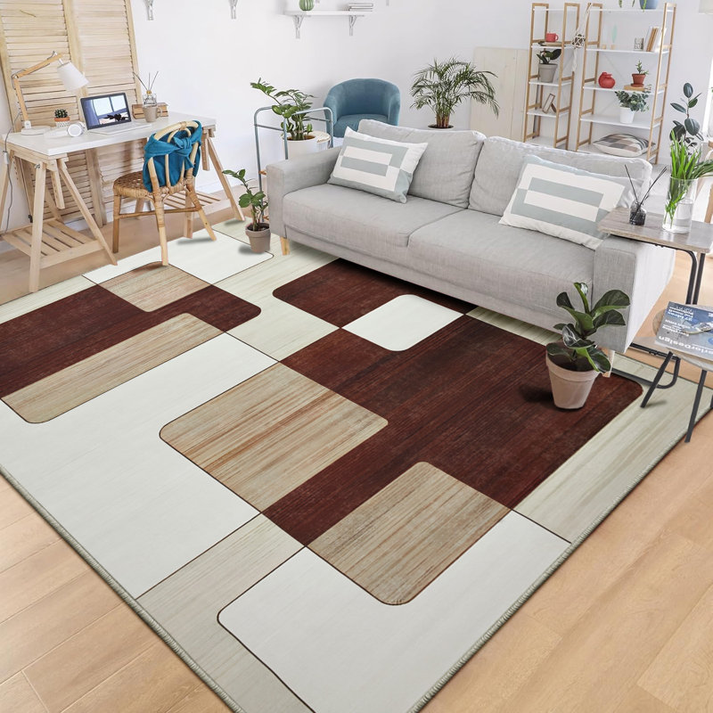 Viva Brown & Beige Printed Area Rug - Warm Modern Color Block Area Rug, Rectangle 40 x 60 cm