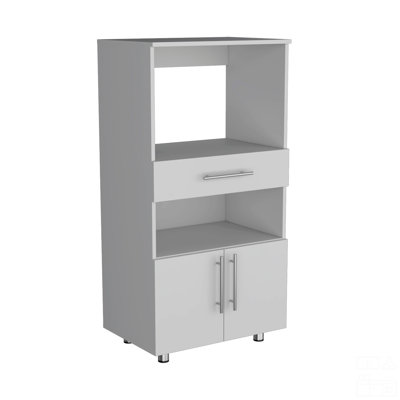 Kitchen Pantry 48" H, Two Open Storage Shelves, One for Microwave, Two Doors, Four Legs, White