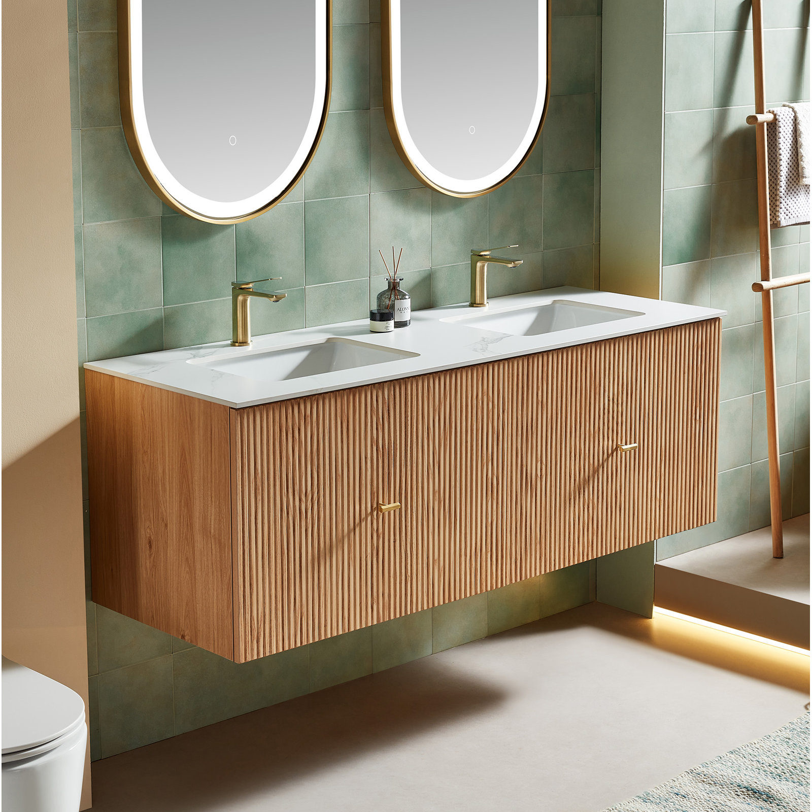 Jamell 60'' Double Bathroom Vanity, White, Natural Oak